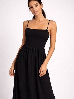 Abercrombie & Fitch Black Midi Dress Square Neck Smocked Back Pockets Large